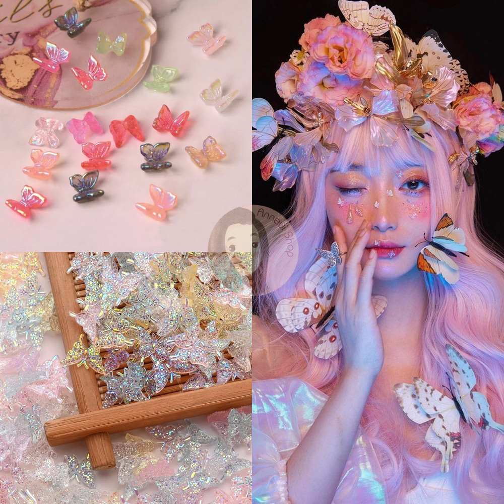 3D Butterfly Pearl Douyin Make Up Kupu-kupu Nail Art Mutiara Manik-manik Kuku Wajah Craft Kosmetik Hiasan Kuku Eye Korean Make Up Handphone Decorations Wedding Party Cosplay Flat Back Gems Bead Putih Clear Transparent