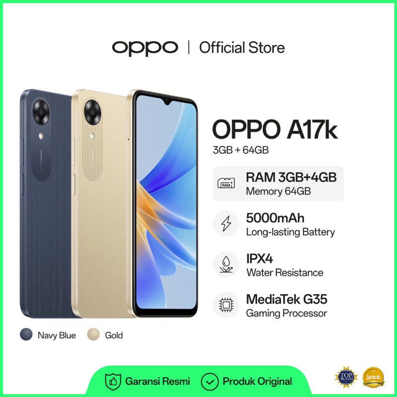 [NEW!] OPPO A17k 3GB+64GB [RAM 3GB+4GB, 5000 mAh Long Lasting Battery, Mediatek G35 Gaming Processor