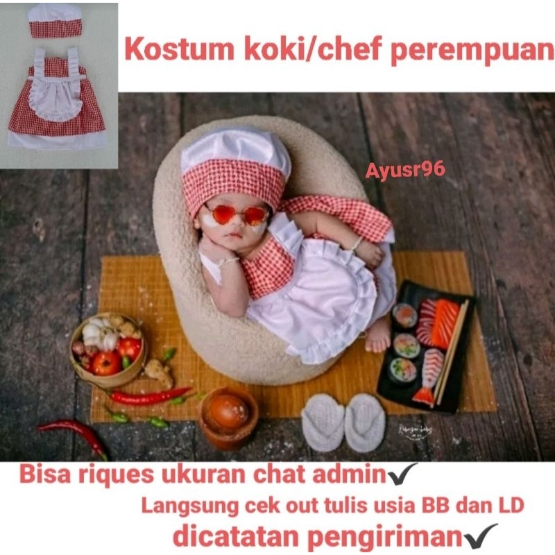 Baju Koki Chef bayi perempuan Kostum Foto Bayi Newborn Properti Foto Bayi Newborn
