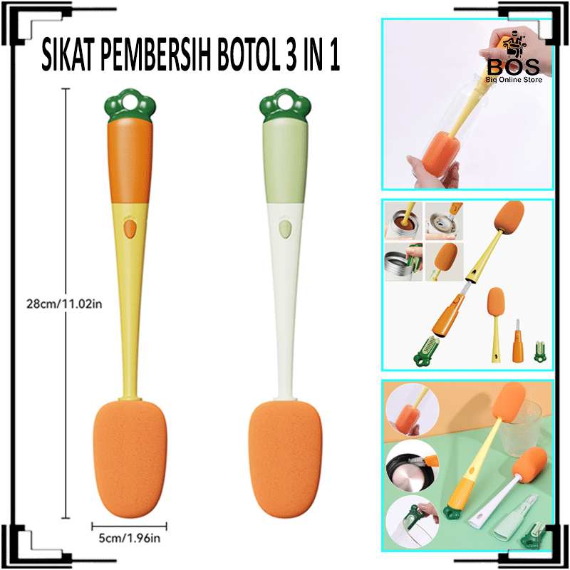 BOS - SIKAT PEMBERSIH BOTOL WORTEL 3IN1 / ALAT PEMBERSIH GELAS CANGKIR MUG