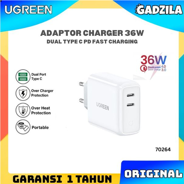 UGREEN Adaptor Kepala Charger Dual USB Type C Fast Charging 36W For Oppo Samsung iPhone 70264