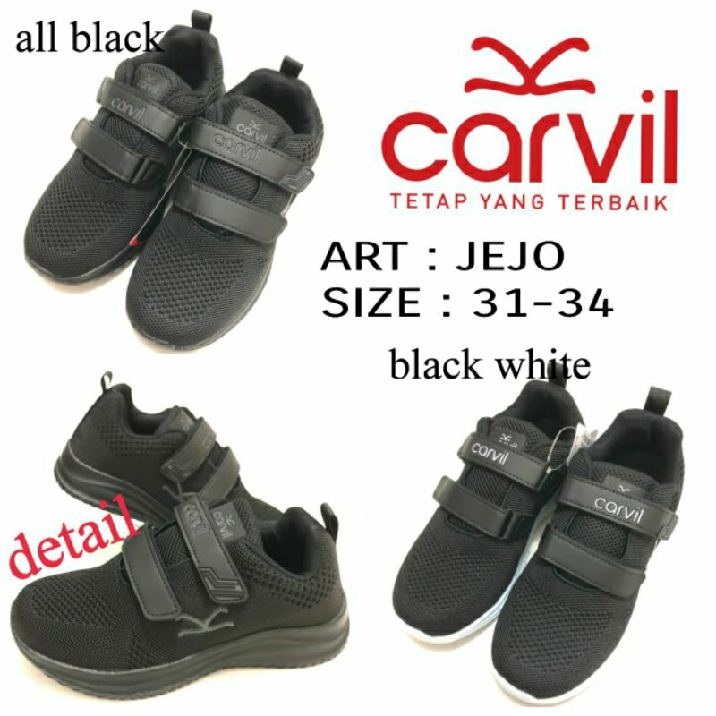 Sepatu Anak Sneakers Kreketan Original By Carvil JEJO 01-C Size 31-34 Hitam Putih / All Black