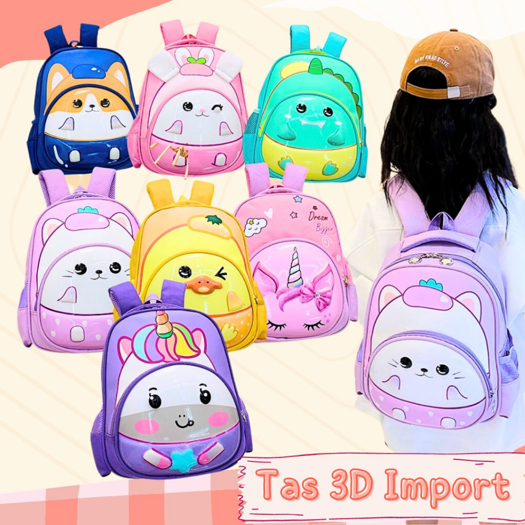 Tas Ransel Sekolah Anak PG TK PAUD Motif Lucu Keren Import Karakter Hewan Timbul 3D Premium