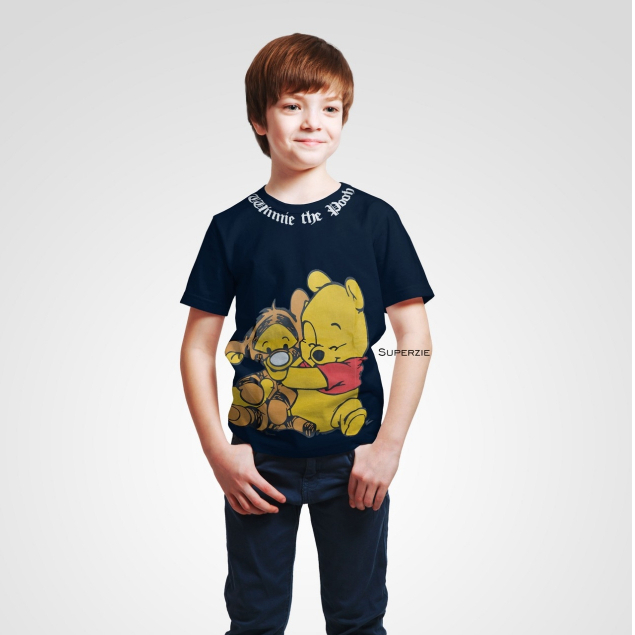 Baju Anak premium Lengan Pendek Lucu Unisex Motif SL POOH NAVY three point airlane rgkids