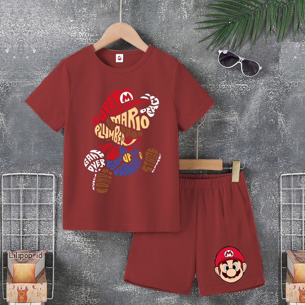 Baju Anak Stelan Usia 5-10 Tahun MARIO BROS Kaos 3/4 Cowok Cewek  Celana Pendek Harian