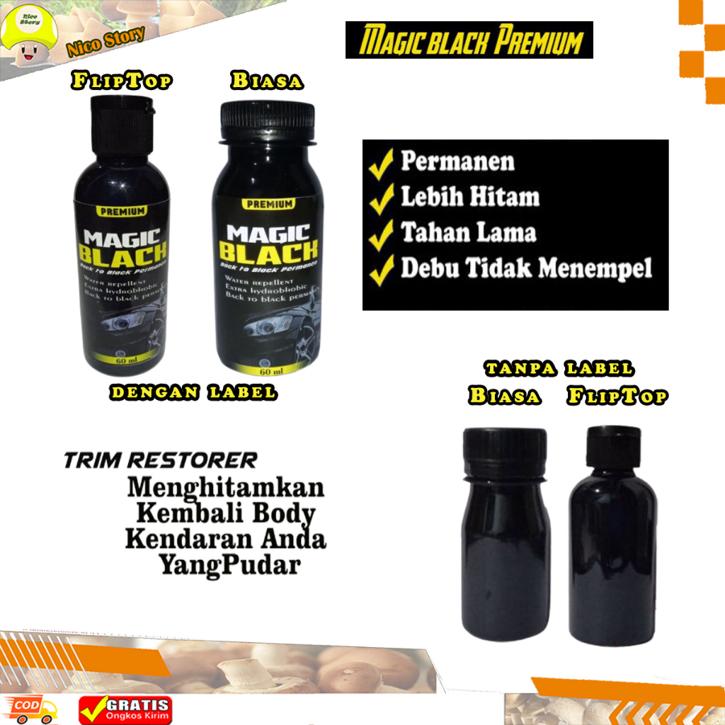 (NCS) COD Penghitam Motor Mobil Hydrophobic Magic Black Premium 60ml Trim Restorer Dashboard Body Plastik Mengkilapkan