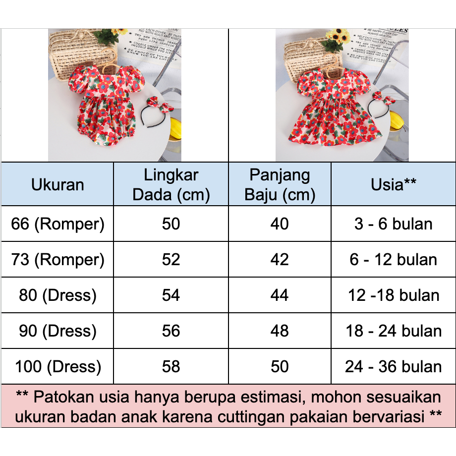 Romper Bayi Perempuan Free Bando Impor Dress Anak Cewek Motif Bunga / Baby Jumper Import