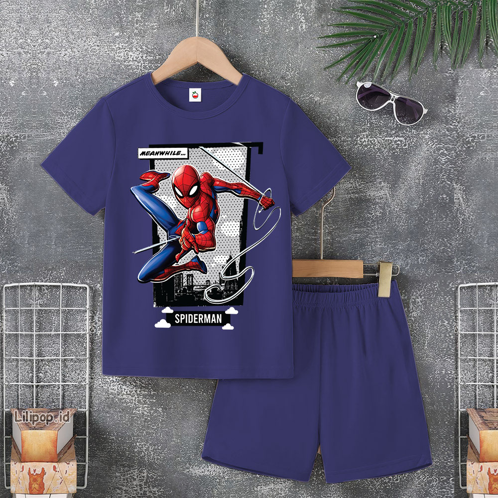 Baju Anak Stelan Usia 5-10 Tahun SPIDER MAN Kaos 3/4 Cowok Cewek  Celana Pendek Harian