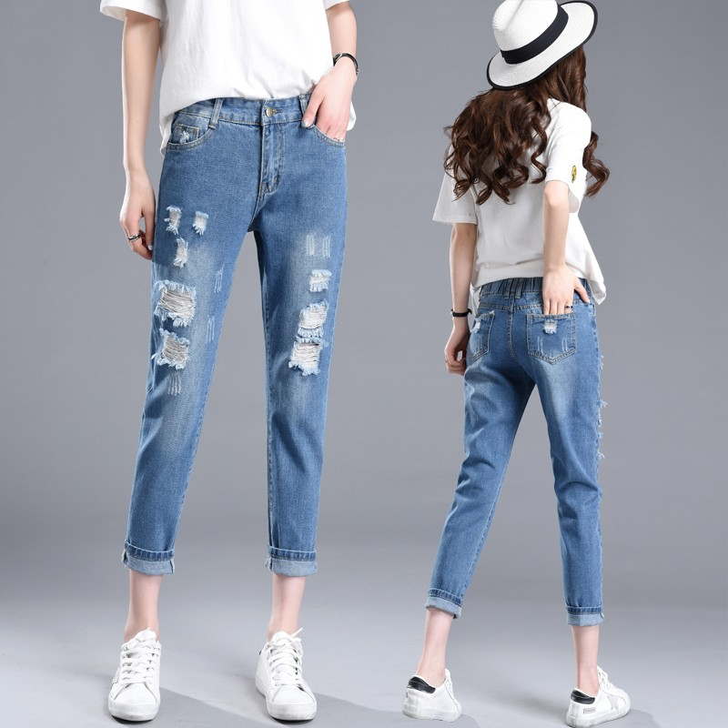 Boyfriend jeans wanita high waist jeans pangjiang 8/9 ripped denim sobek jumbo Kasual Jeans big szie terbaru 2023   Kasual Jeans