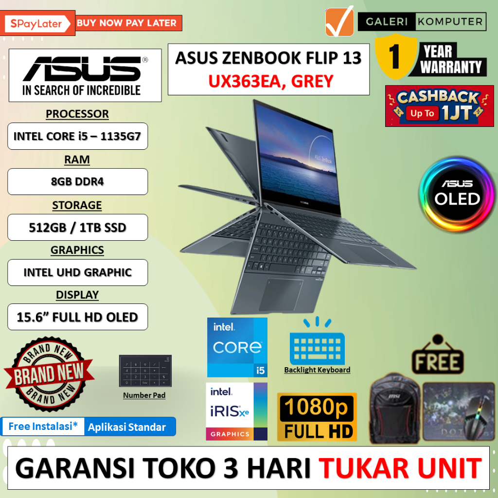 LAPTOP ASUS ZENBOOK FLIP 13 UX363EA INTEL I5 1135G7 RAM 8GB 512GB SSD IRIS XE 13.3 FHD TOUCH OLED WINDOWS 11 HOME ORIGINAL