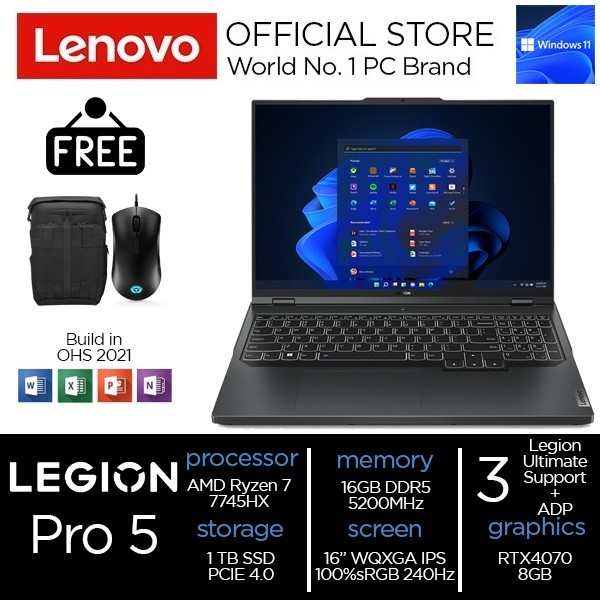 LENOVO Legion Pro 5 - Ryzen 7-7745HX - RTX4070 8GB - 1TB SSD - 16GB 16&quot;WQXGA IPS 240Hz 100%sRGB - W11 - OHS