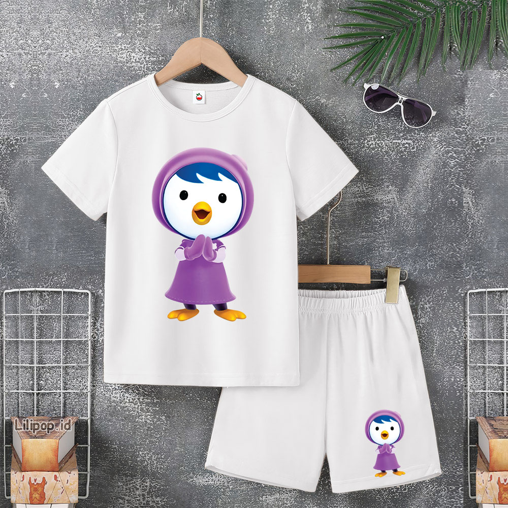 Baju Anak Stelan Usia 5-10 Tahun pororo petty Kaos 3/4 Cowok Cewek  Celana Pendek Harian