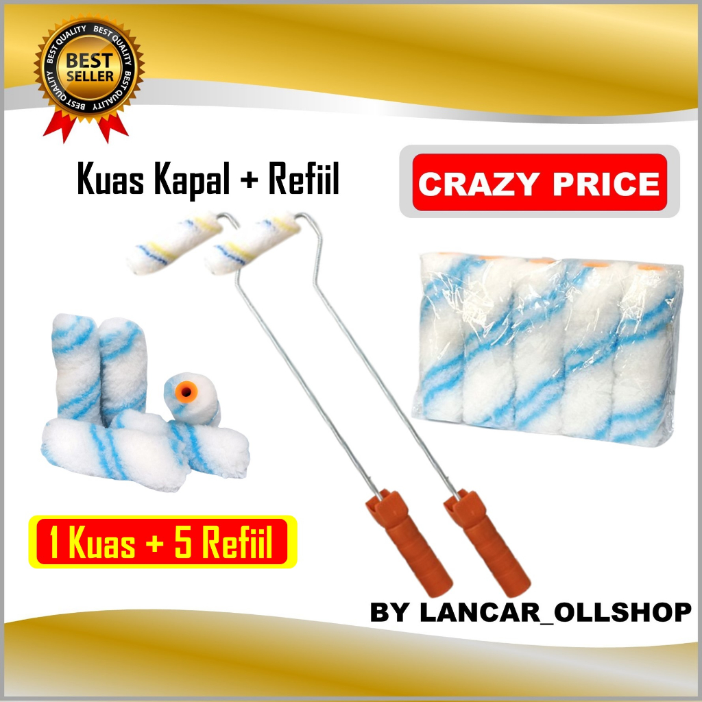 PAKET! Kuas Roll Kapal Kecil 4 inch Kuas Rol Kapal Cat Kecil Gagang Panjang + Refiil Bulu Kuas Roll Tebal