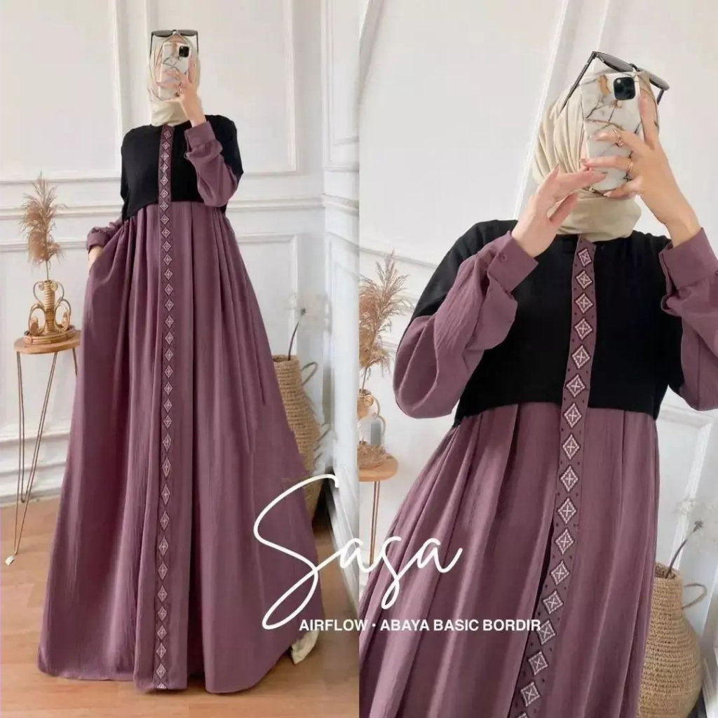 Sasa Maxy Polos Basic Wanita Muslim Premium l Gamis Maxy Cringkle Premium Mix Aplikasi Bordir Kondangan Fashion Terlaris