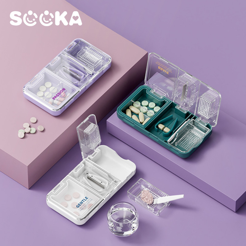 Kotak Obat Multifungsi Sooka - Kotak Obat Multifungsi 3-in-1 dengan Pisau Pemotong dan Penggiling, Kotak Penyimpanan Obat Bayi yang Mudah Dibawa SK-AGB1144
