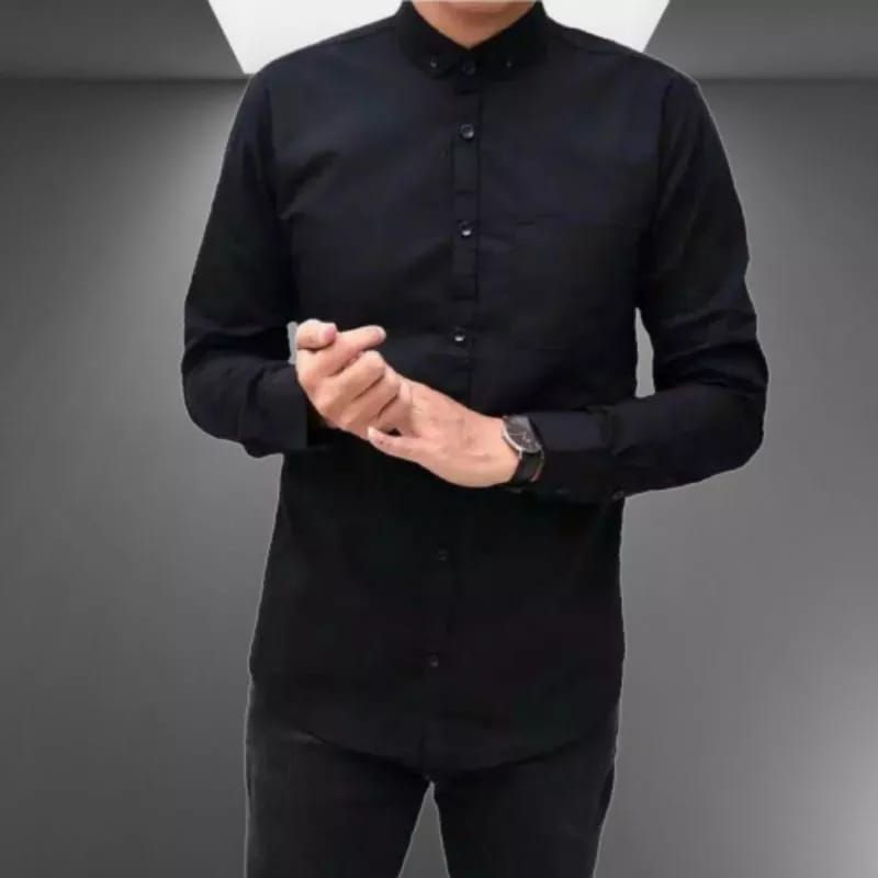 kemeja cowok polos pria lengan panjang slimfit hem pria kantor hitam navy putih maron army