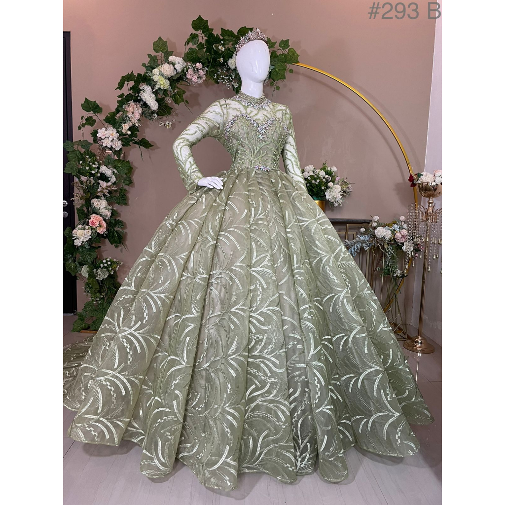 Gaun pengantin wanita modern hijau Sage crinolin #293 B