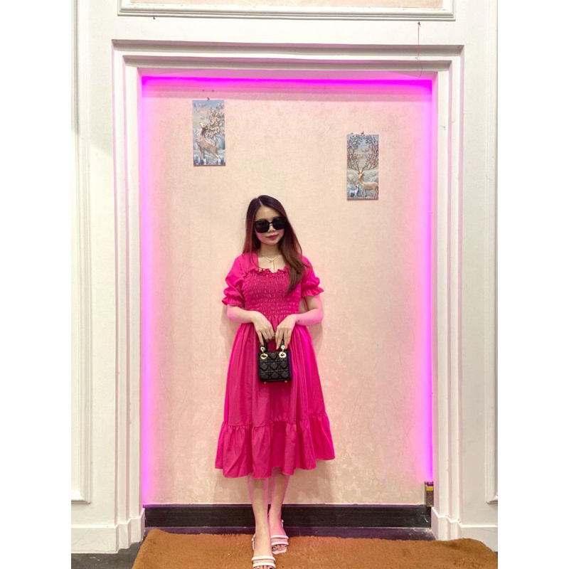 RD FASHION - SMOCKED DRESS / Gaun musim panas kasual baru Lengan pendek smocked dress lipit bunga dengan dasi belakang / gaun kasual A-line gaun smocked berlipat bunga lengan pendek-POLOS FANTA