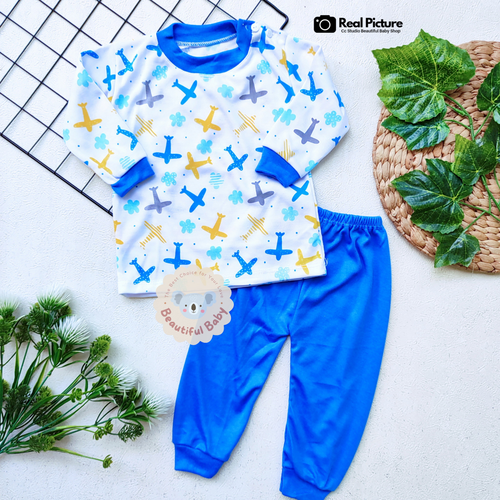 Setelan Piyama Baju Bayi Panjang Motif Pesawat / Baju Tidur Bayi Lengan Panjang Celana Panjang / Kaos Oblong Bayi &amp; Anak Kancing Pundak / Baby.ou