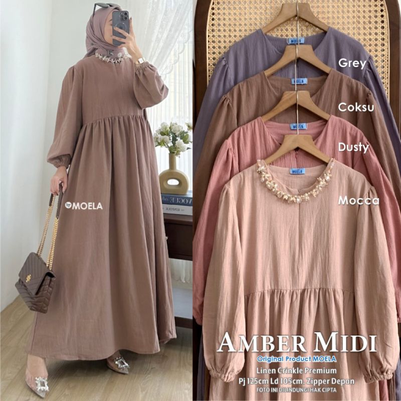 Gamis Midi Dress Busui Polos Katun Rayon Airflow Linen Original Moela [Amber Sesis Tammy Plain Alona Crila Maple Filan Jiona Cisia]