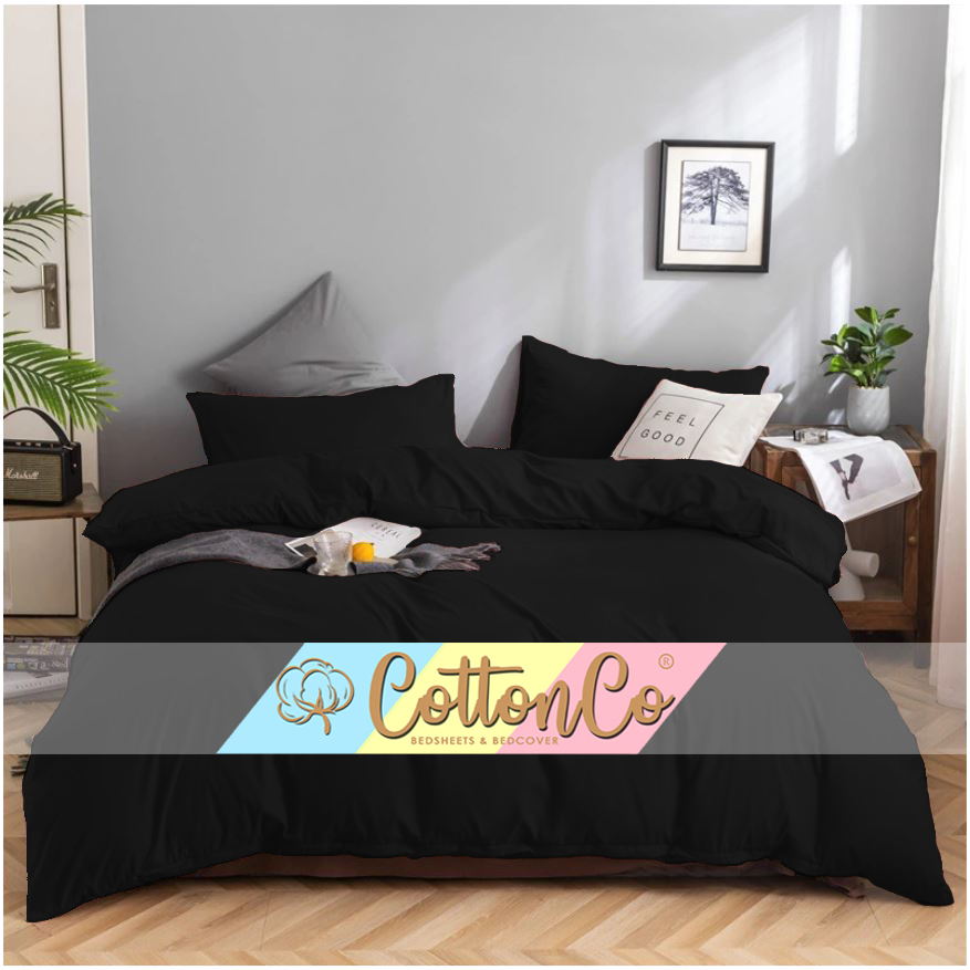 CottonCo | Bed Cover Set Warna Hitam Ukuran 90/100/120/160/180/200 Single Queen King Super King BedC