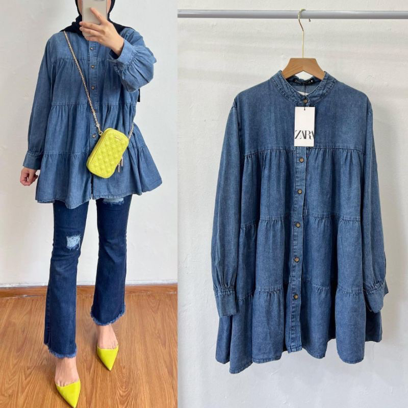 Tunik Jeans Atasan Wanita Denim Oversize Full Kancing Zara