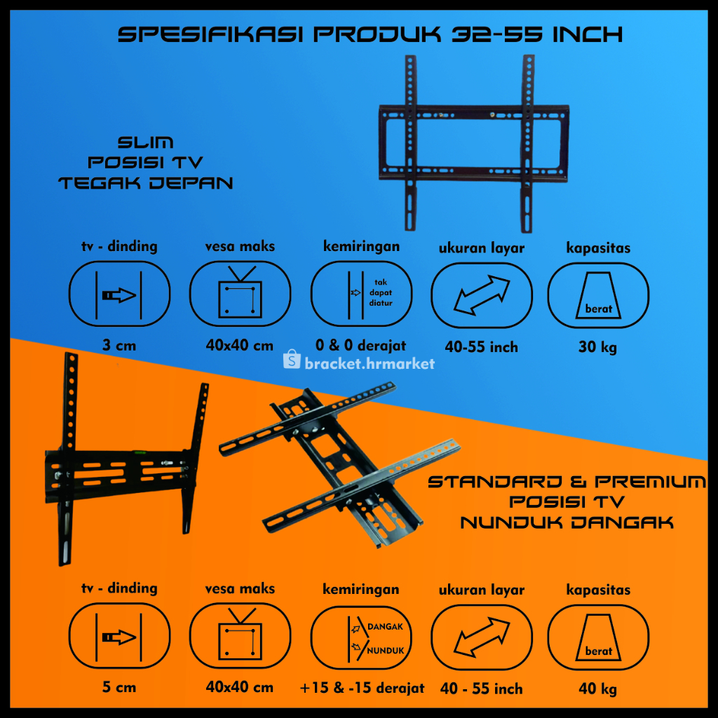 Bracket TV LED LCD 32 43 55 50 40 42 49 Inch 32 - 55 In Dijamin Cocok 2 Arah Universal Breket TV Briket TV Braket TV Gantungan TV Tembok Tempelan TV Dinding HR1 HT-002