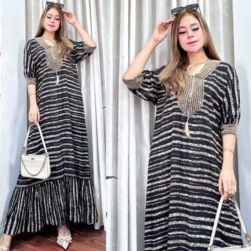 NEW DRESS SMOCK ROK REMPEL SUPER LEBAR LENGAN ¾ VARIASI RENDA SISIK MEWAH // LONGDRESS RAYON SEXY ELEGAN KEKINIAN