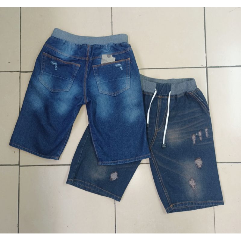 100rb 2 pcs Celana Pendek Jeans Pinggang Karet Tali Serut Sobek Tembus