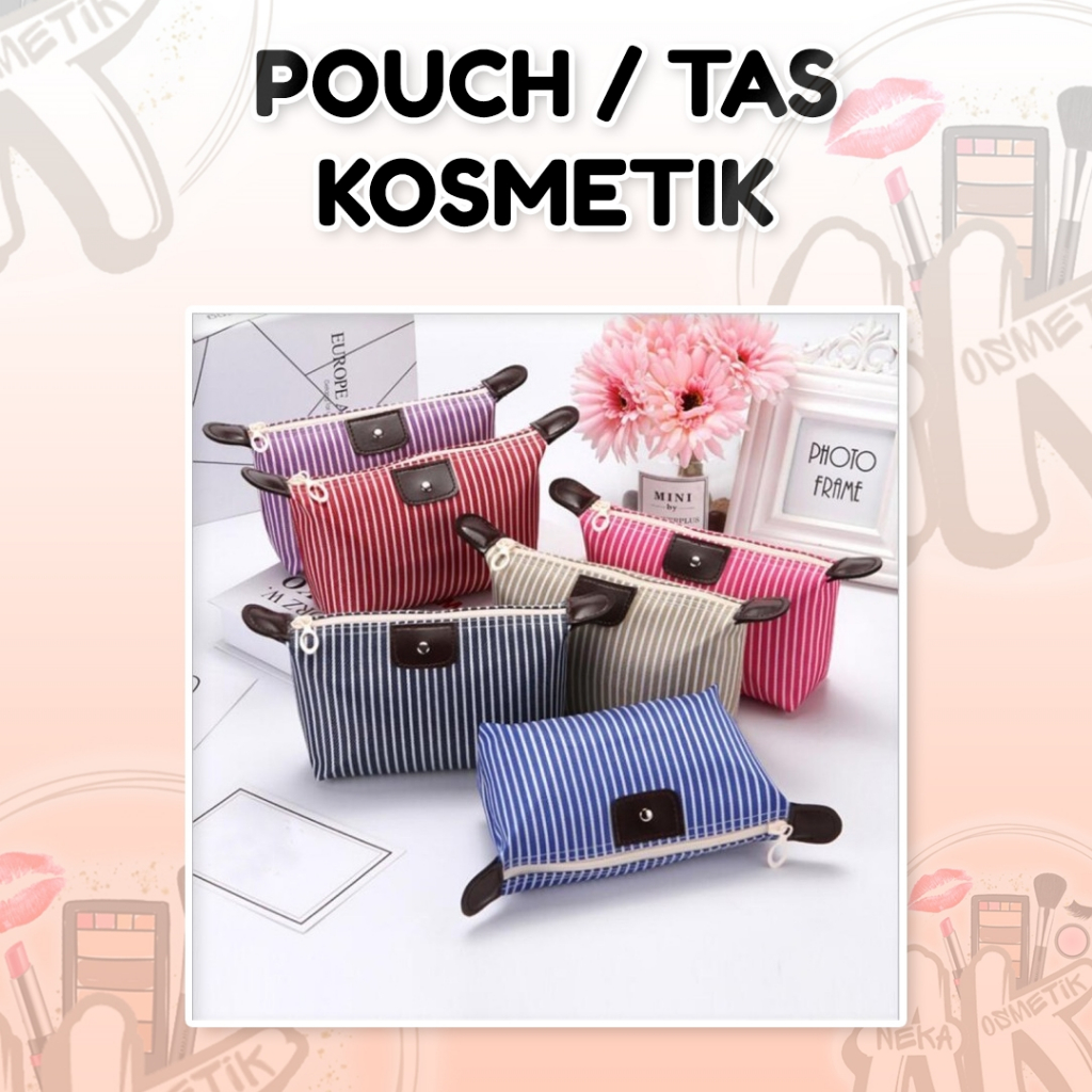 POUCH KOSMETIK POLOS GARIS ( WARNA RANDOM )