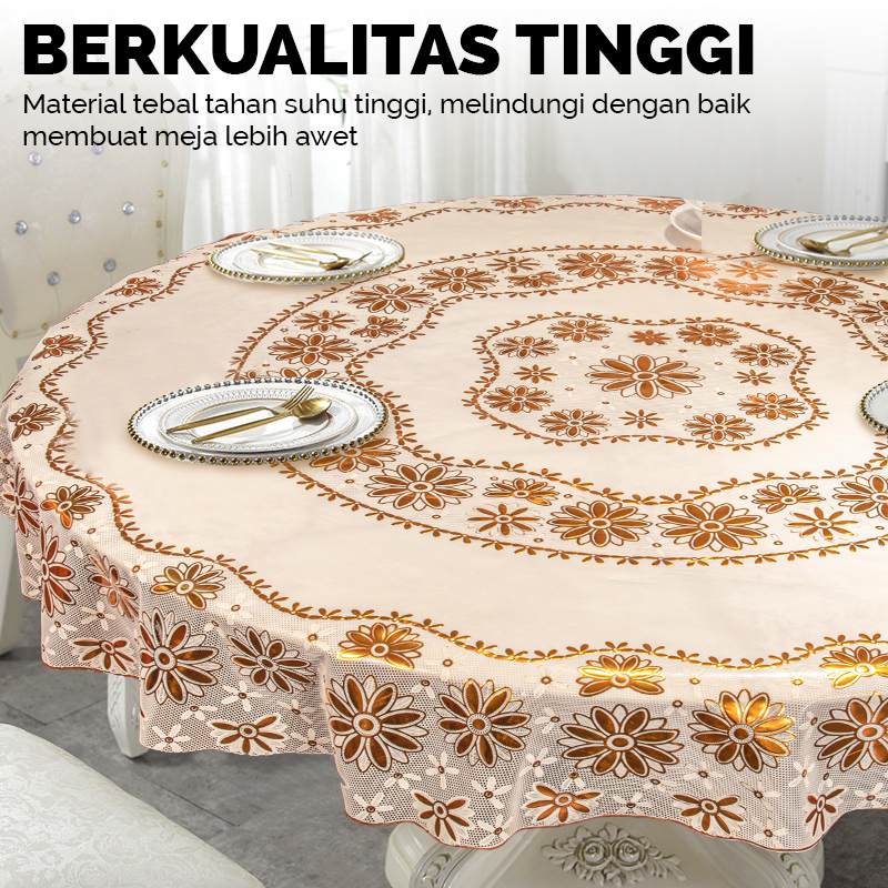 Taplak Meja Makan Bulat PVC Gold Premium Jumbo Tebal Motif Bunga Diameter 150cm High Quality Dekorasi Rumah Tangga Import - D44-B - 88Blanketstore