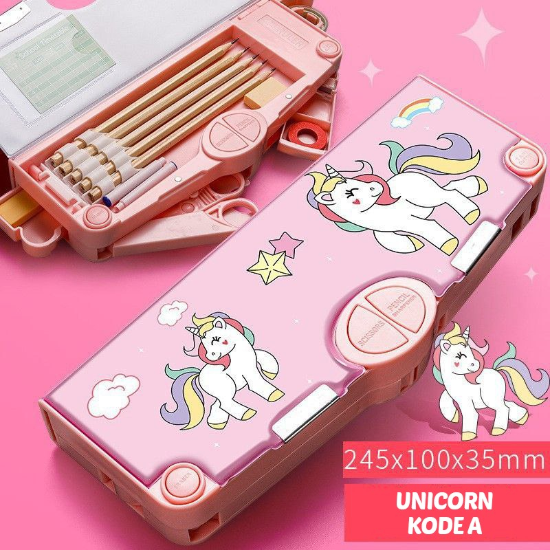 Kotak Pensil Tombol Multifungsi isi gunting selotip Motif Unicorn Dinosaurus Astronot Untuk Anak SD TK Kotak Pensil Pola Kartun 2 Lapis