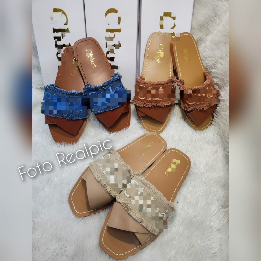 Sandal wanita flat slop kanvas import
