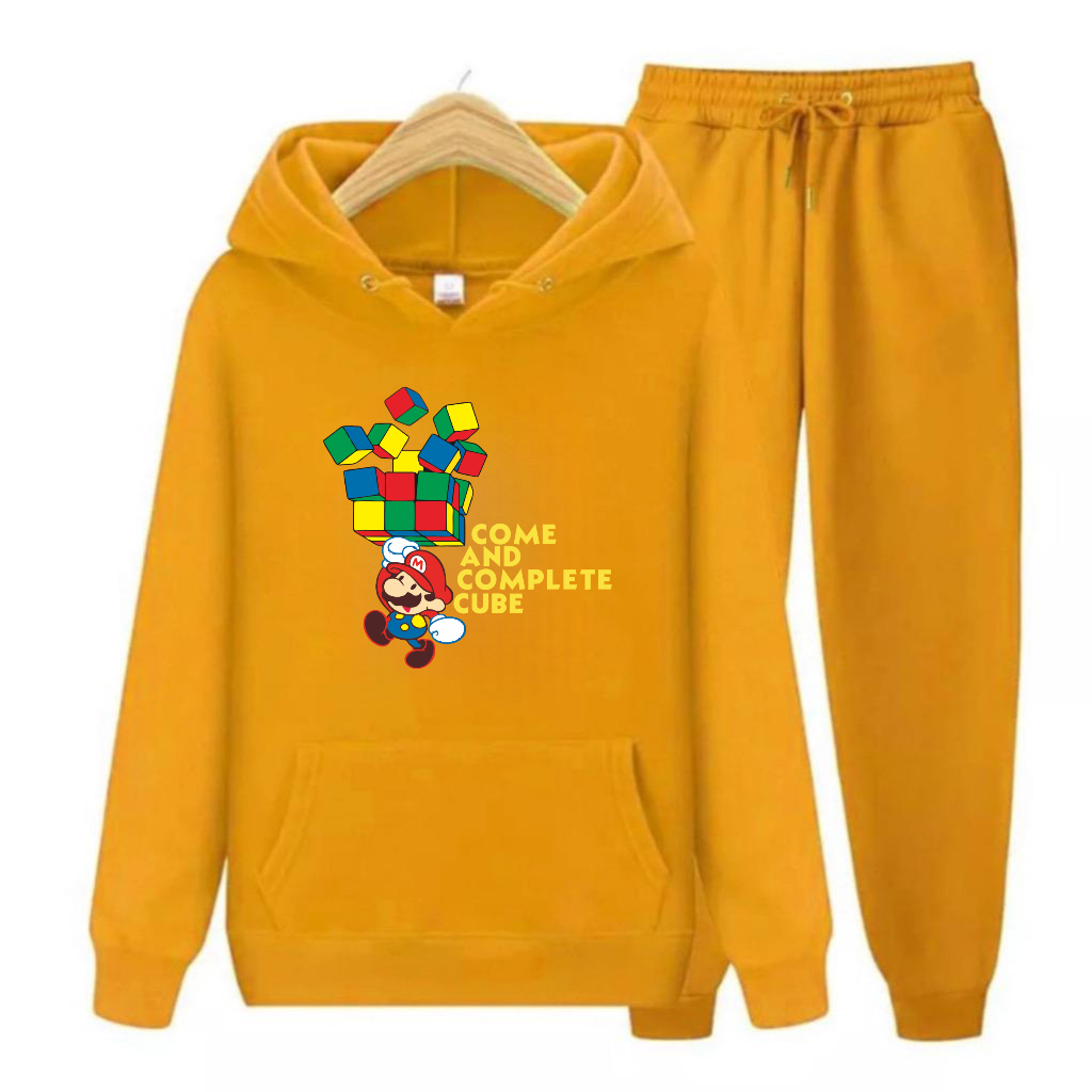 Setelan Sweater Hoodie Anak Mario Rubik Size S,M,XL