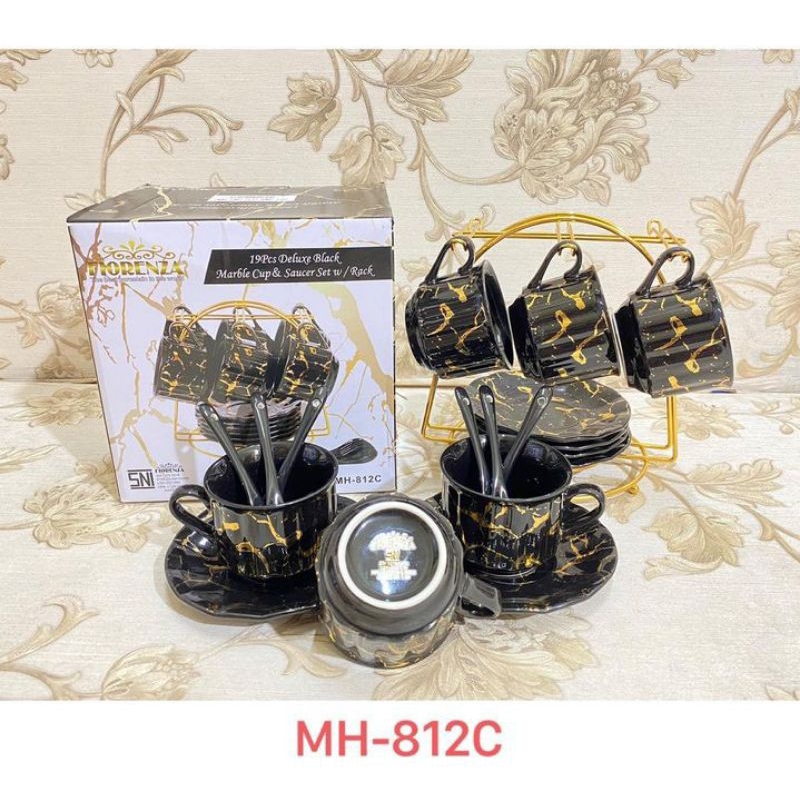 Cup & Saucer Marble Keramik Fiorenza Dengan Rak