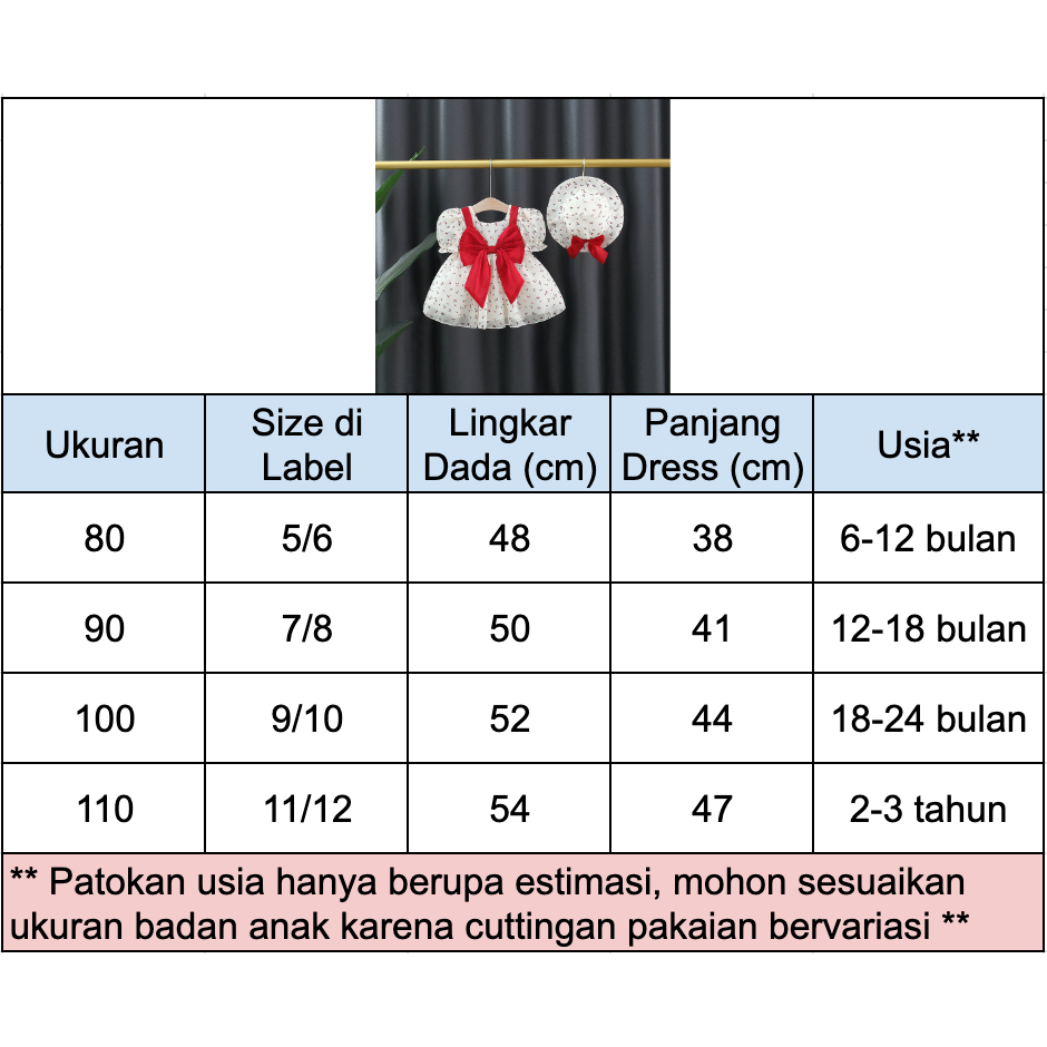 Dress Anak Import Bonus Topi Baju Lapis Furing Gaun Mini Pita Merah