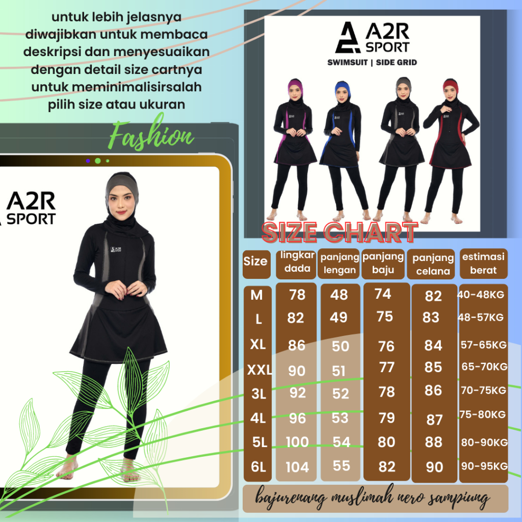 A2R Sport - Lis nero samping 1 Baju Renang Dewasa muslim hijab Rok