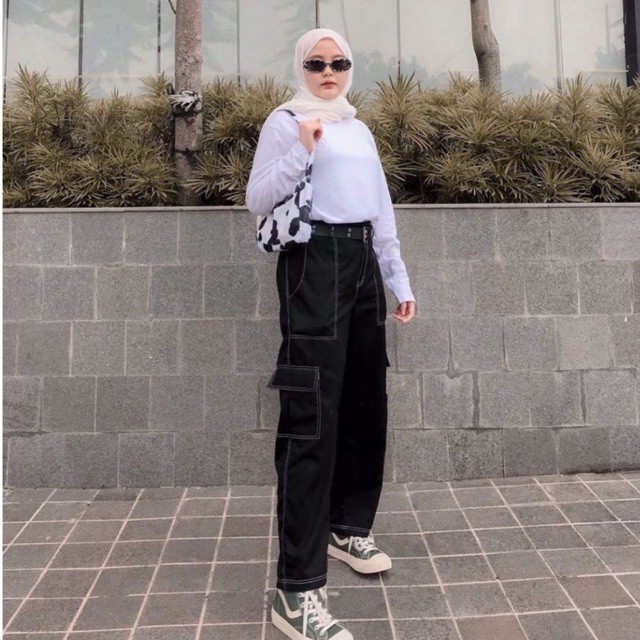 Kulot Jeans Cargo High Rubber Waist Black List HL Trendy Outfit Kekinian