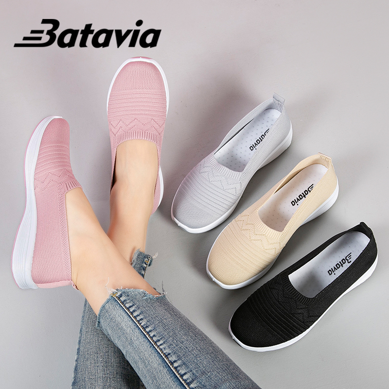 （COD）Batavia Sepatu Sepatu Slip On Wanita/ Sepatu Flyknit Shoes Wanita/ Women Shoes rajut empuk anti-slip anti-aus wanita A163 A164 A166