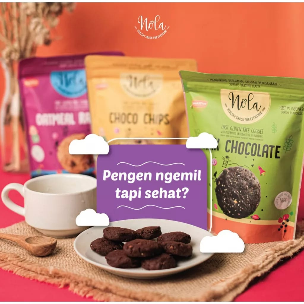 NOLA COOKIES GLUTEN FREE 75GR | SNACK BISKUIT SEHAT DIET TINGGI SERAT COOKIE BEBAS GLUTEN CHOCO CHIPS DARK CHOCOLATE STRAWBERRY OATMEAL RAISIN