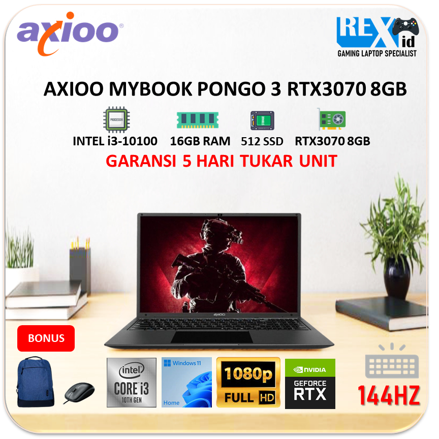 AXIOO MYBOOK PONGO 3 RTX3070 8GB (i3 10100 16gb 512ssd W11 16.1inch FHD 144hz RGB BLIT)