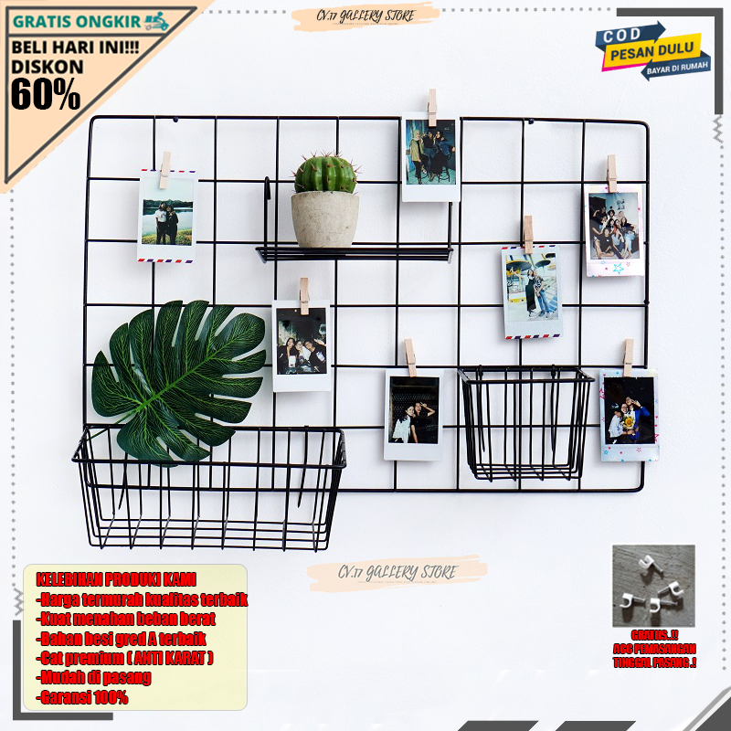 Promo Hijang 52X35 Hiasan Dinding Wall Grid Pajangan Gantungan Foto Keranjang Besi Rak Gantung Black Grid Wire Mesh Notes Tempat penyimpanan Pajangan Dekorasi Decorasi Dingding Dinding Tempel Ruang Tamu Kamar Tidur Cewek Kayu Susun Rumah Minimalis Murah