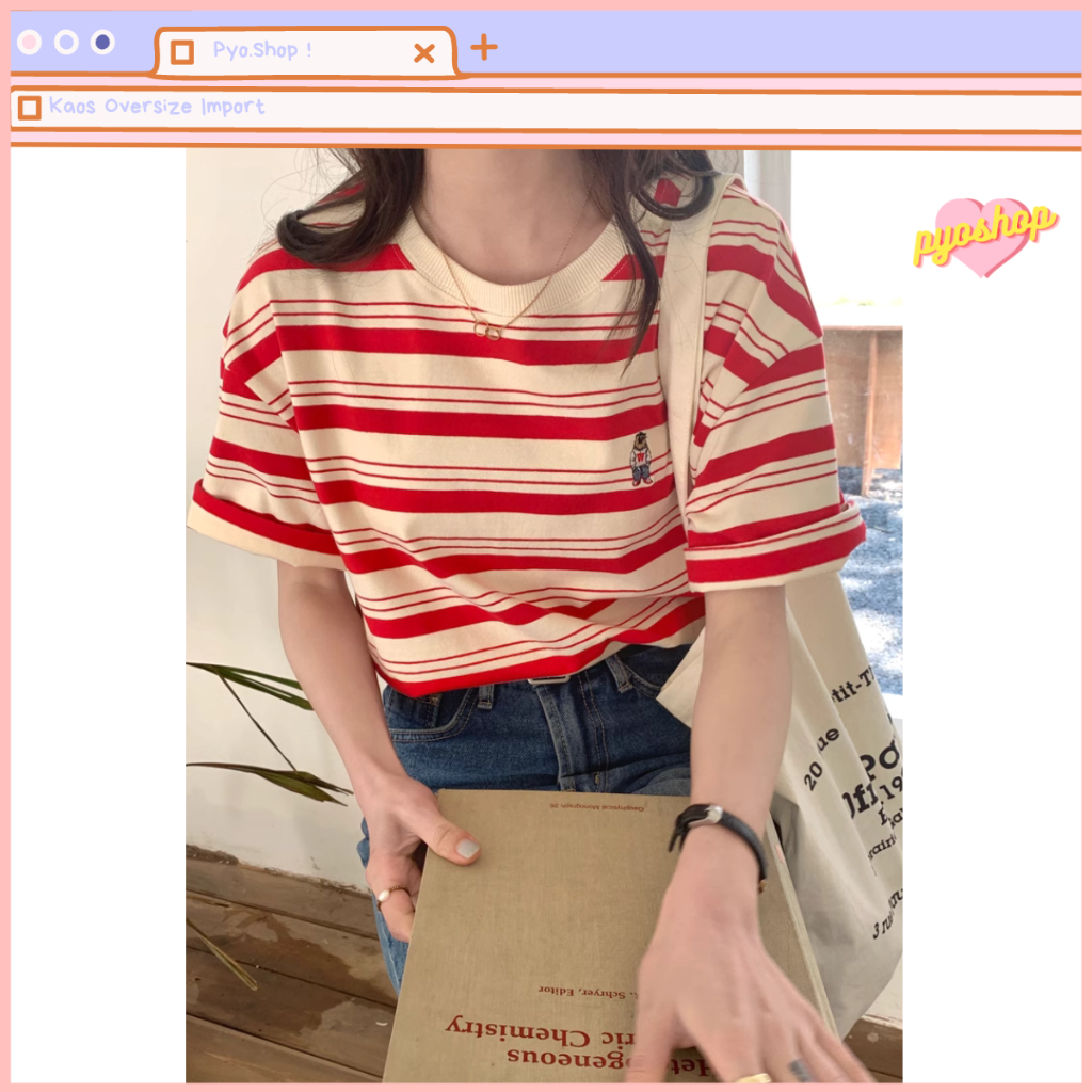 Kaos Stripe Oversized Import Wanita Bordir Korean