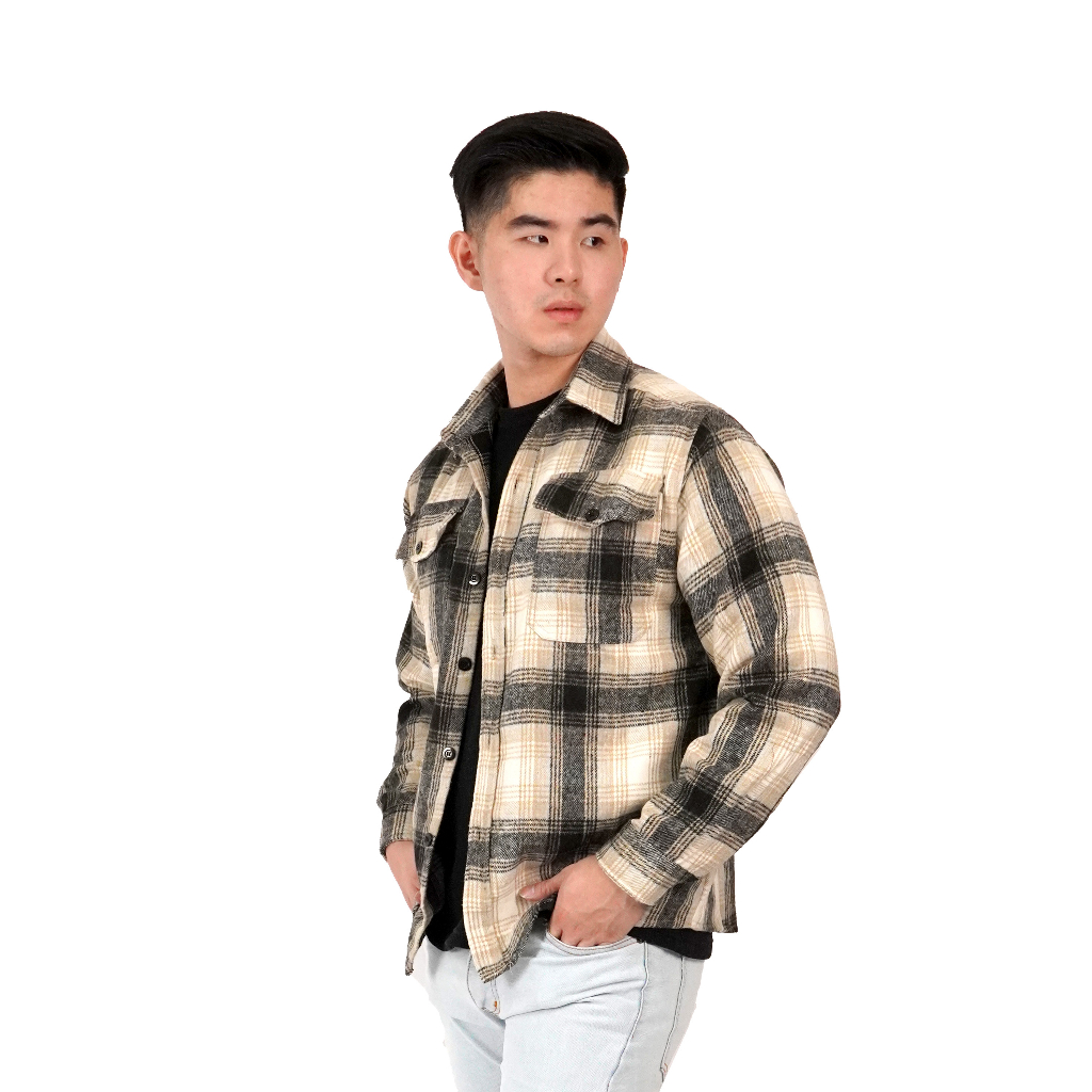 Ribsgold Jaket Pria Shacket Flanel Lengan Panjang Nyaman Outer Tebal Casual