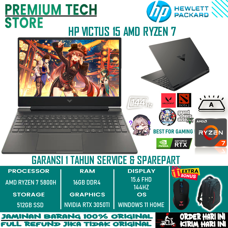 Laptop Gaming Ringan Hp Victus 15 Amd Ryzen 7 5800H 16Gb 512Gb Nvidia Rtx 3050TI Fhd 144HZ Windows 11 Home Original Termurah