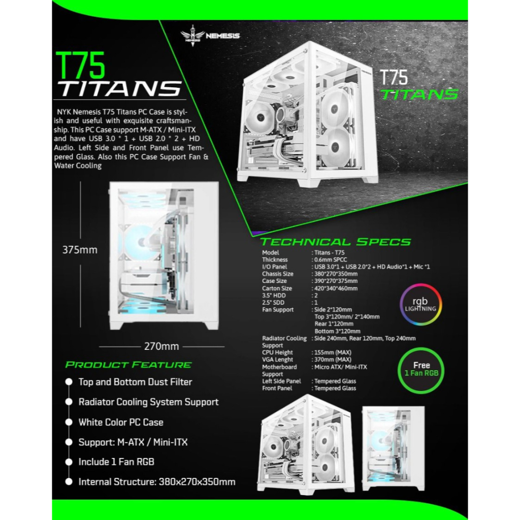 NYK Nemesis T75 Titans Casing Komputer M ATX Include 1Fan - Casing PC Gaming