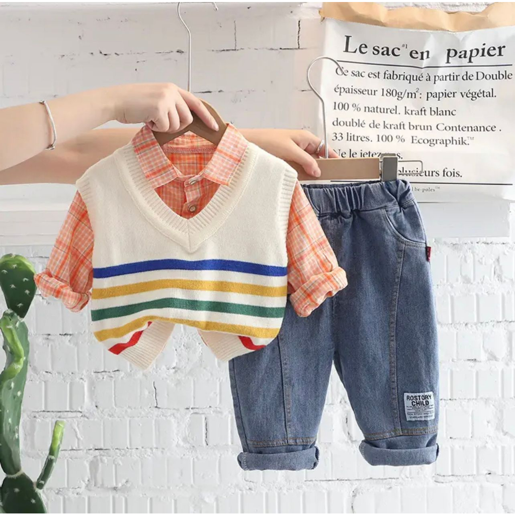 PROMO-SETELAN SWEATER ROMPI RAJUT ANAK LAKI LAKI PEREMPUAN UMUR 1-5 TAHUN MOTIF 3IN1 SALUR CELANA DENIM SETELAN SWEATER KARDIGAN ANAK TERBARU