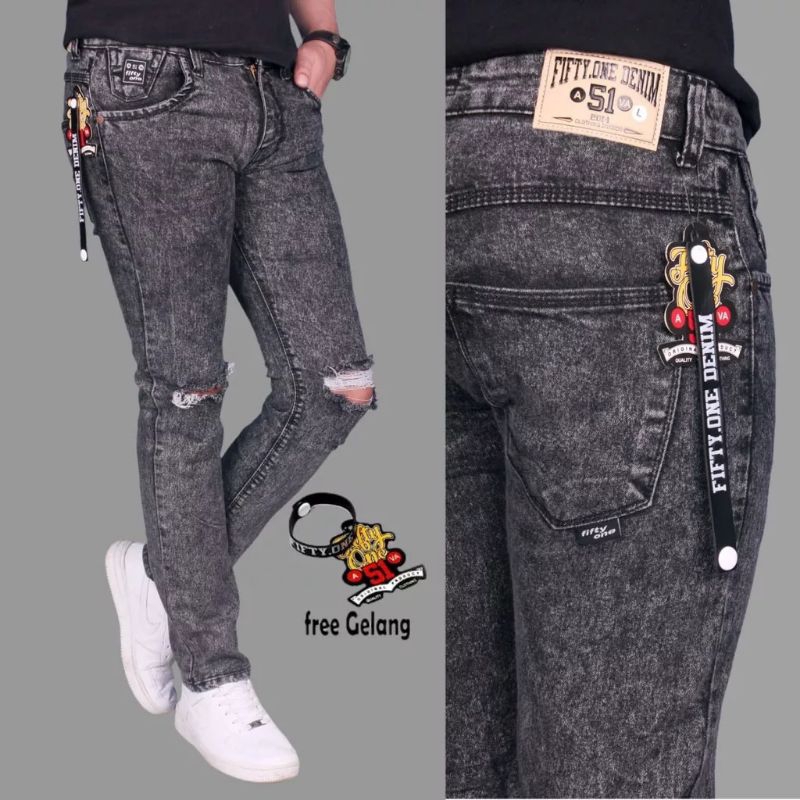 Celana Jeans Pria Skinny Sandwash Sobek Lutut Original Fifteen Denim / Fifty One Denim / free Gelang