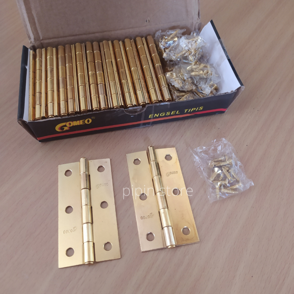 Engsel Tipis Jendela Lemari Rata 3&quot; 3 Inci Inchi Kuning Gold Plat Per 12 Pasang Kotak 1 Box 24pcs Per Dus Lusinan 1 Set