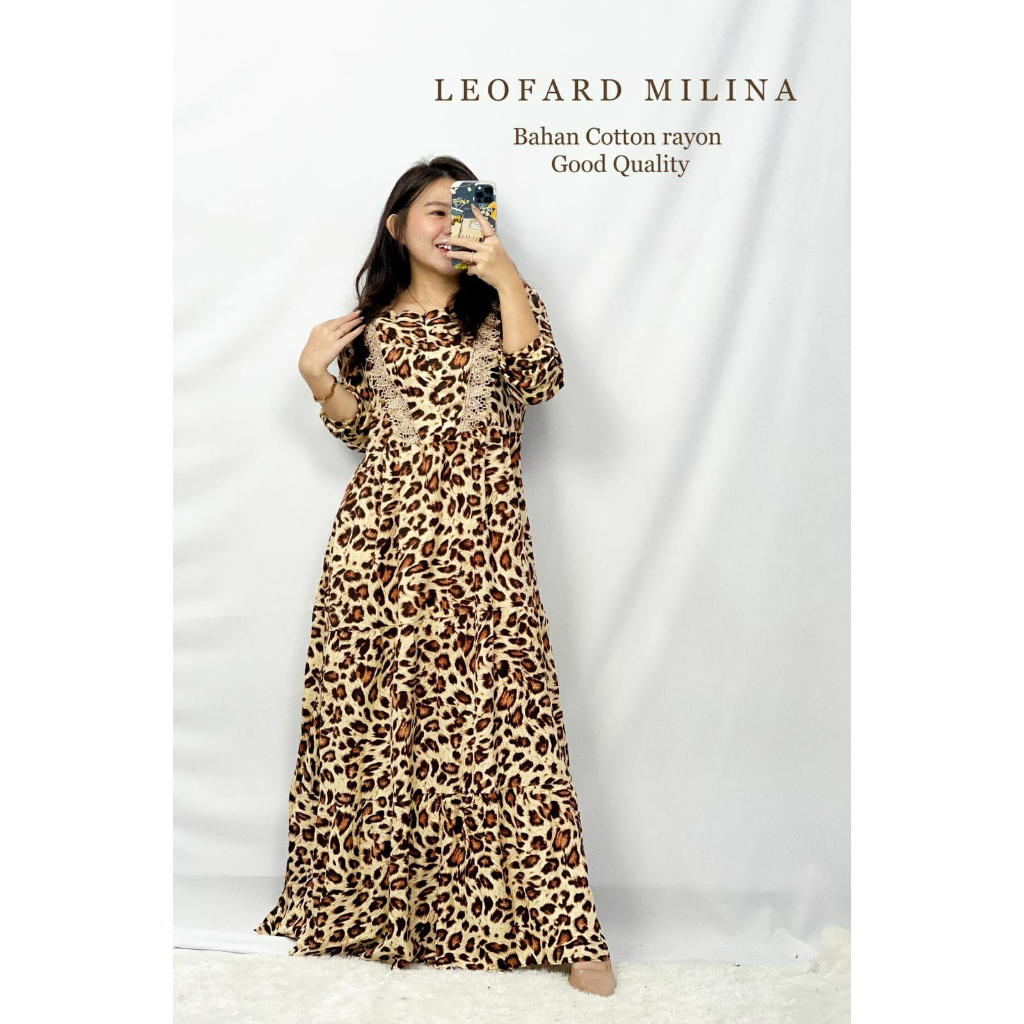 Maxi Dress Wanita Leofard Milina / Long Dress Lengan Panjang HOPYLOVY